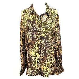 French Laundry Women's M Long Sleeved Button Front Blouse Brown Black Animal